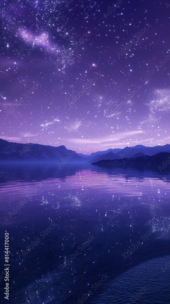 A serene purple twilight over a calm lake with mountains in the background under a starry sky.