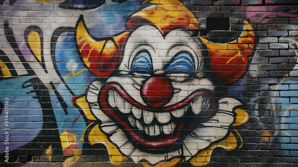Obraz premium Pop art comic street graffiti with a clown on a brick wall. Fantastic background.