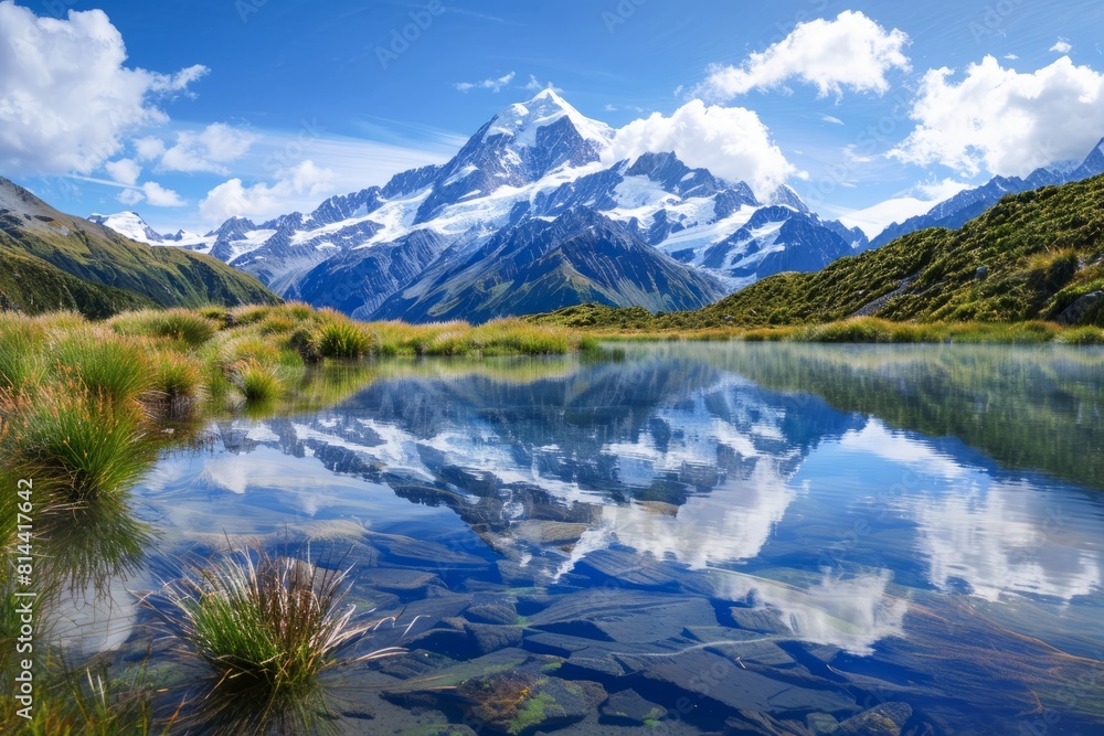 Fototapeta premium Serene Mountain Lake on a Sunny Day Reflecting Snow-Capped Peaks and Lush Greenery
