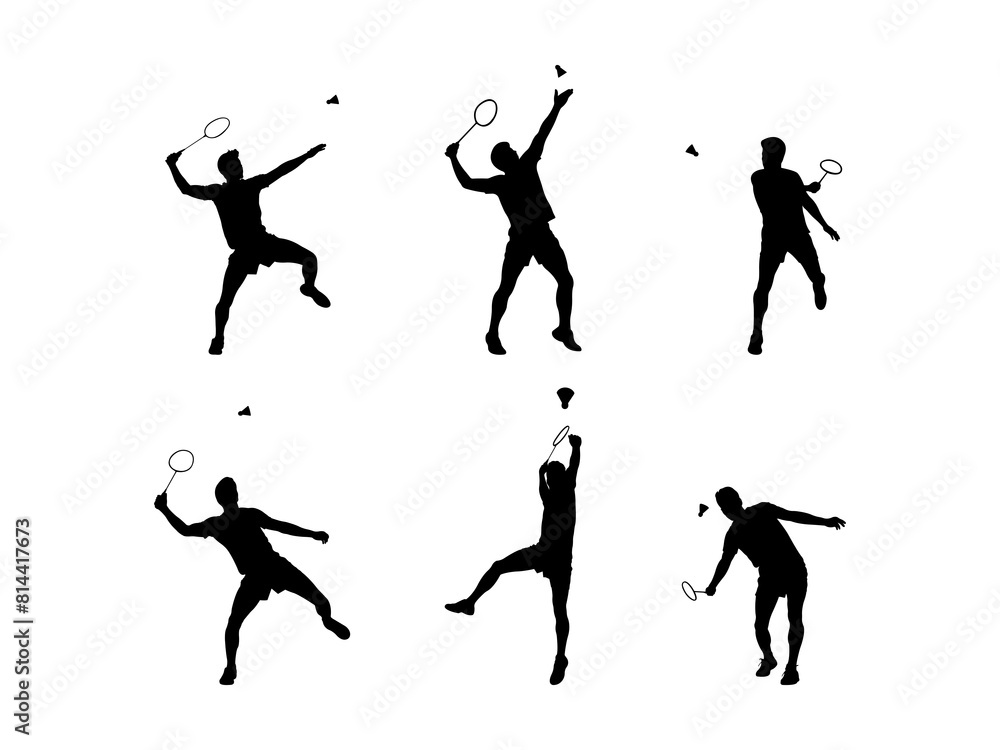 Set of Badminton Silhouette in various poses isolated on white background