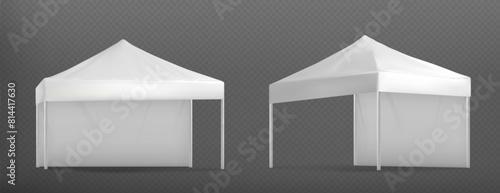 White event tent mockup. Marquee canopy stand. 3d isolated outdoor commercial exhibition pavilion. Festival awning for branding mock up. Advertising and promotional booth material side view set photo