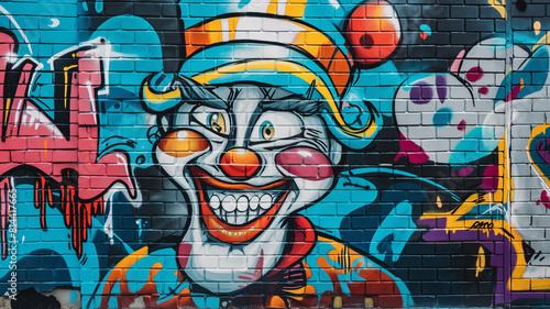Pop art comic street graffiti with a clown on a brick wall. Fantastic background. 