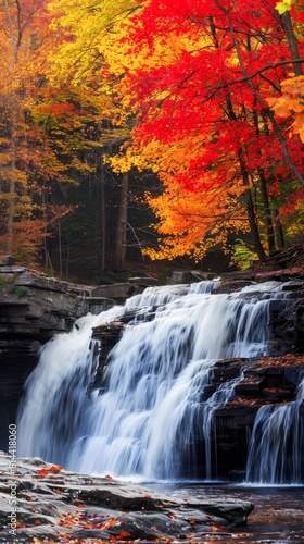 Autumn Splendor at a Forest Waterfall During Peak Foliage Season