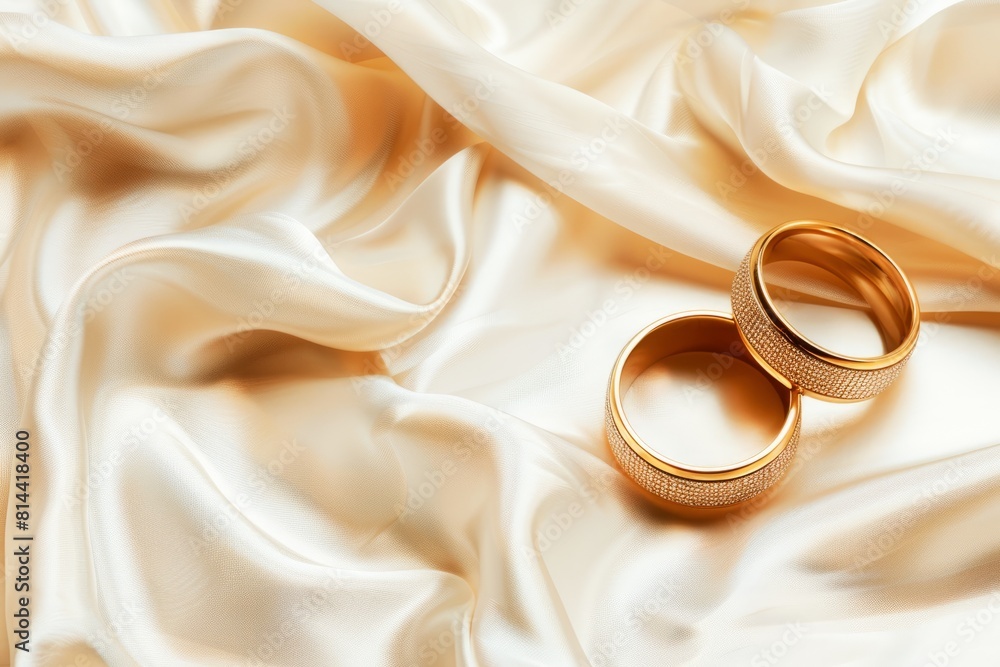 Elegant Wedding Bands Resting on a Silky White Fabric Surface Elegant Wedding Bands Resting on a Silky White Fabric Surface