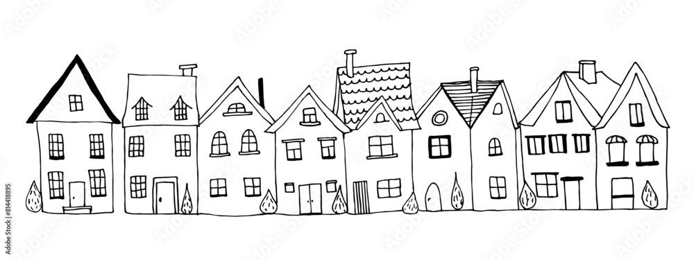 Houses set. Hand-drawn doodle vector urban illustration. Cartoon habitation. Black and white Children's drawings.