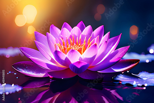 Lotus flower, gradients of pink to light purple, floating mid-frame, infused with sparkles, against a monochromatic purple backdrop, capture with vivid colors.