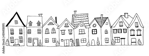 Houses set. Hand-drawn doodle vector urban illustration. Cartoon habitation. Black and white Children's drawings.