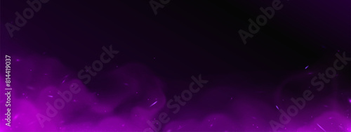 Purple smoke clouds on black background. Vector realistic illustration of magic light effect with shimmering particles flying in air, fantasy color fog, nightclub party design element, space galaxy