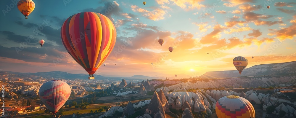 Obraz premium Vibrant Hot Air Balloons Ascending at Majestic Sunrise or Sunset Over Scenic Countryside Landscape
