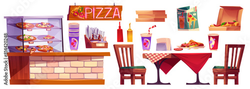 Pizzeria interior and furniture. Pizza cafe vector illustration set. Italian food shop inside object collection. Dinner table, chair, sauce and showcase on wooden counter. Modern dining court in mall