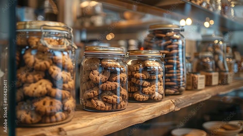 Glass jars of cookies infused with tea for sale at a caf?(C) or tea shop cookie flavors including chai and earl grey tea in a cozy cafe