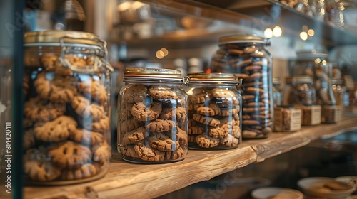 Glass jars of cookies infused with tea for sale at a caf?(C) or tea shop cookie flavors including chai and earl grey tea in a cozy cafe photo