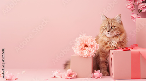 Soft pink background with a beautifully wrapped gift box and flowers. Perfect for adding text overlays, creating social media graphics, or designing invitations. photo