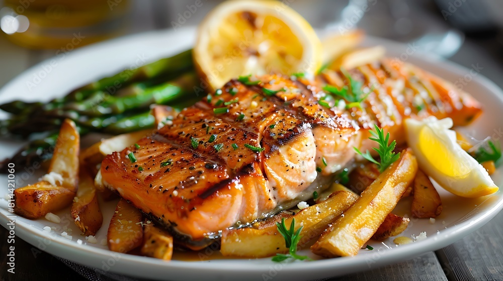 Grilled salmon with fries and asparagus Grilled salmon with fries and asparagus