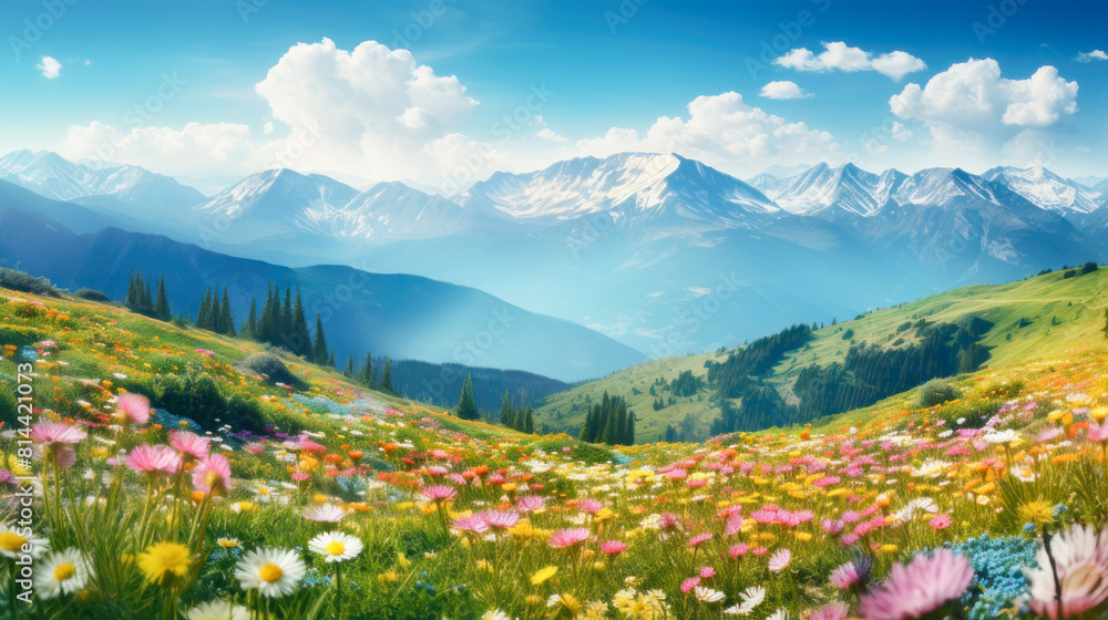 Obraz premium Beautiful alpine meadows with wildflowers.