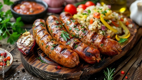 Grilled sausages on the wooden board with bread salad farofa and ingredients