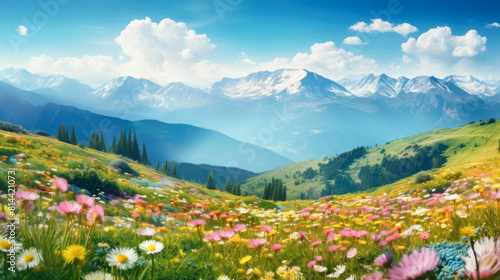 Beautiful alpine meadows with wildflowers.