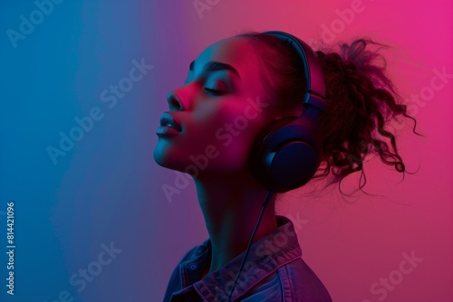 Beauty black woman with headphones and her eyes closed  in blue and pink gradient background