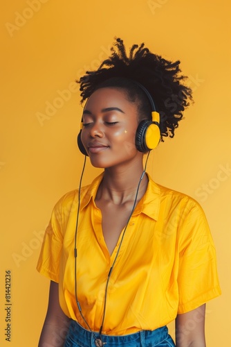 Beauty black woman with headphones and her eyes closed smiling in yellow background