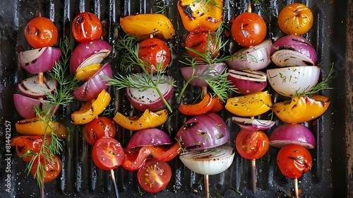 Grilled veggie skewers with cherry tomatoes radishes peppers and onions with fresh dill on a grill pan