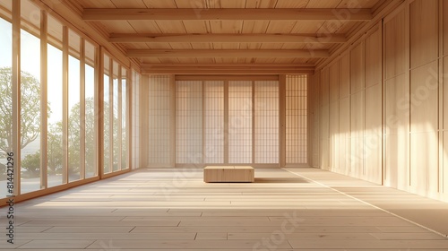 Japandistyle empty wooden room  minimalistic design  3D render  soft natural lighting