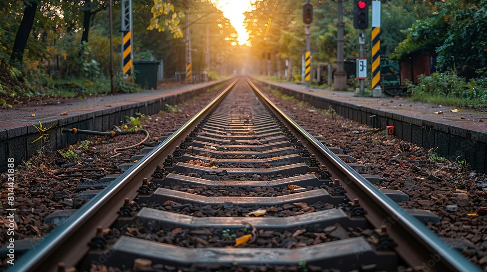Fototapeta premium A sun-lit tree on a distant train track indicates a green traffic signal