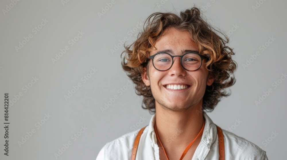 smiling young man with curly hair and glasses wearing apron against grey background smiling young man with curly hair and glasses wearing apron against grey background