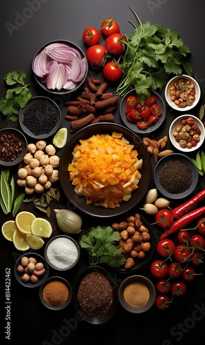Black stone cooking background. Spices and vegetables. 