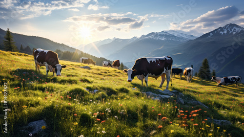 Cows graze in alpine meadows with wildflowers near the mountains. photo
