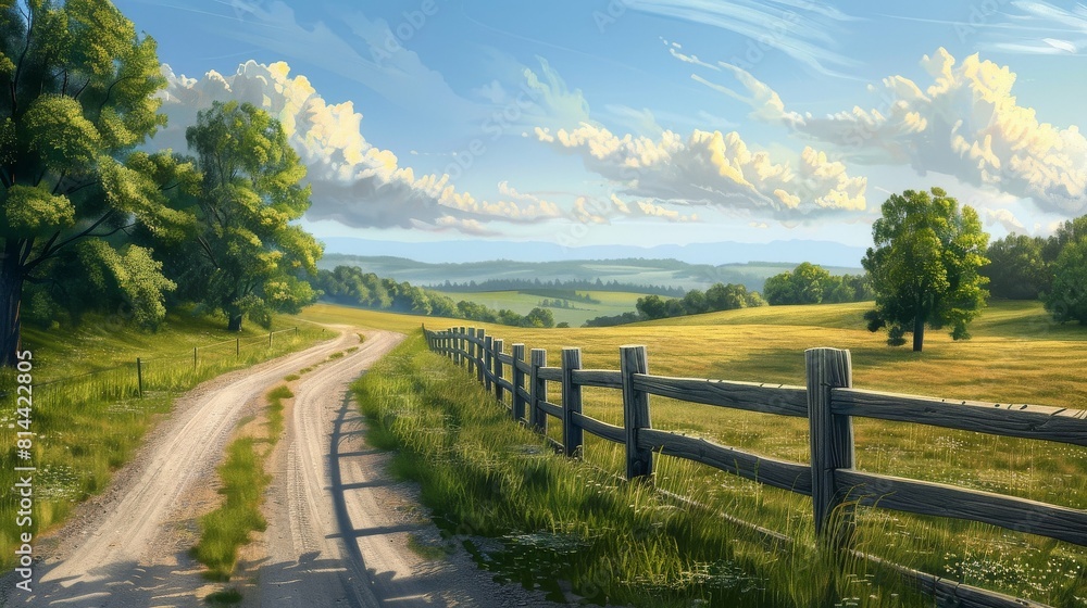 A serene country road basking under a sunny sky A serene country road basking under a sunny sky