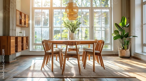 Interior of modern dining room wooden dining table and chairs in room with window