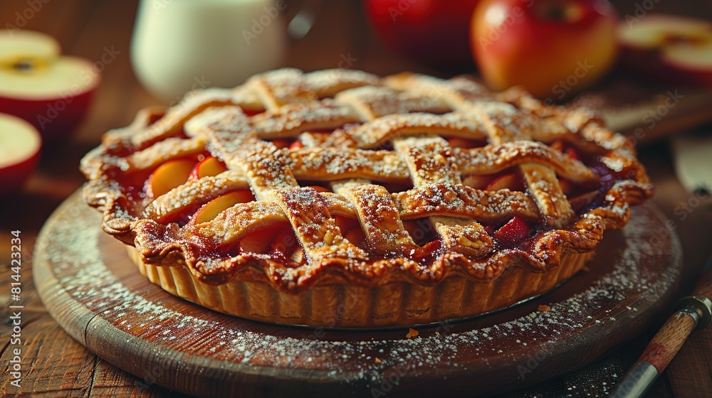 A pie sits atop a wooden cutting board, dusted with powdered sugar and surrounded by apples and a glass of milk A pie sits atop a wooden cutting board, dusted with powdered sugar and surrounded by apples and a glass of milk