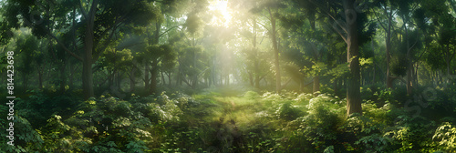  Sun rays through the trees rich jungle greenery Atmospheric fantasy forest background ,  A forest with green sun lighting up the leaves in the style of detailed nature background and wallpaper     © Hadi