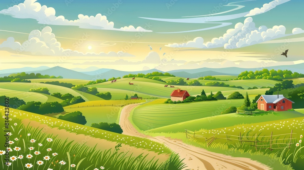 Fototapeta premium Idyllic countryside morning with rolling green fields and quaint farmhouses