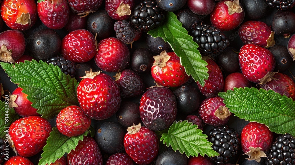 Berries, including raspberries and blackberries, are arranged in a pattern on top of one another Berries, including raspberries and blackberries, are arranged in a pattern on top of one another