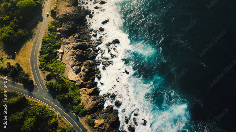 Fototapeta premium Automobile road among the forest, sea and rocks.