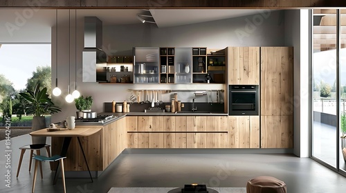 Modern and rustic apartment interior kitchen kitchen with light wooden cabinets natural oak texture material