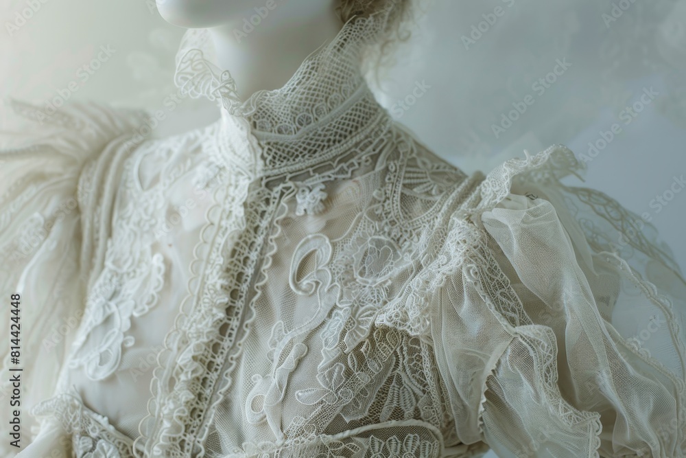 A mannequin woman is wearing a white dress with lace detailing