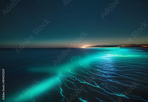 Blue Bioluminescence Illuminating the Night Ocean
