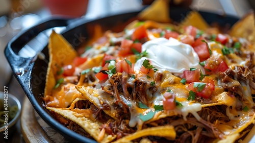 Pan of pulled pork bbq nachos with sour cream