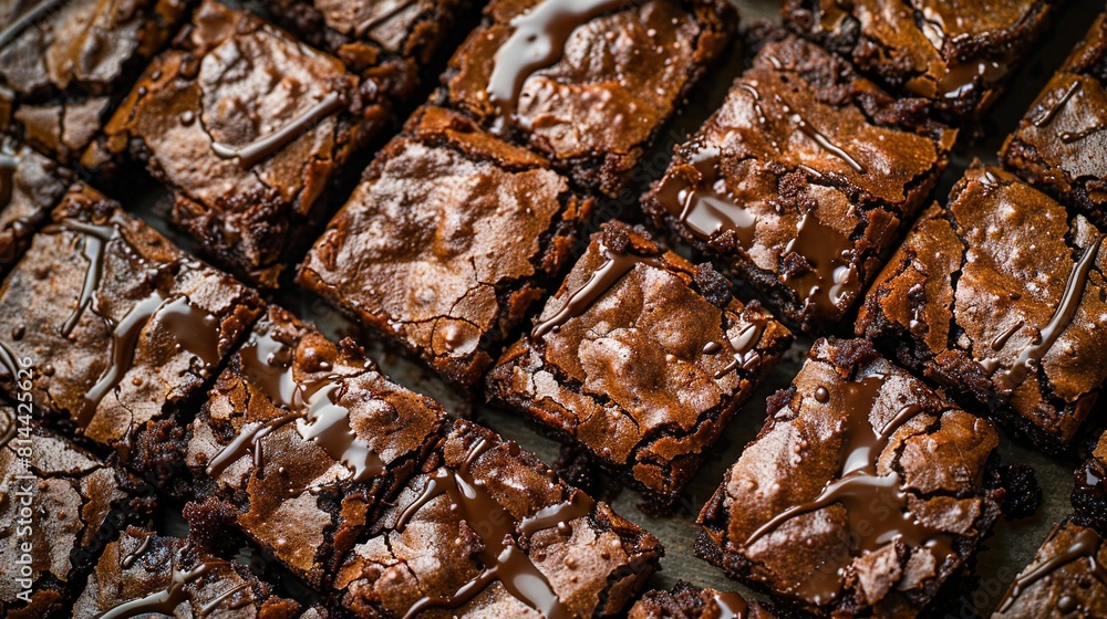 A close-up of a brownie tray with chocolate frosting on every brownie A close-up of a brownie tray with chocolate frosting on every brownie