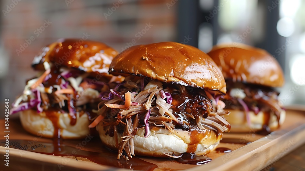 Pulled pork sandwiches with cole slaw and bbq sauce on brioche buns Pulled pork sandwiches with cole slaw and bbq sauce on brioche buns
