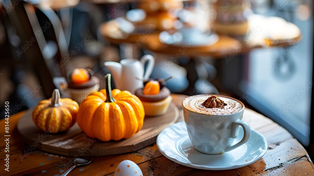 Pumpkin shaped dessert served with coffee on an easter themed table in a cafe Pumpkin shaped dessert served with coffee on an easter themed table in a cafe