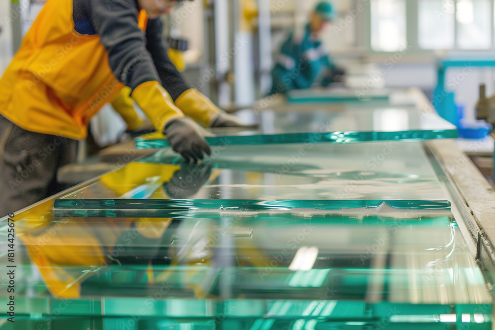 Workers inspecting glass sheets for windows, manufacturing process in factory. Workers inspecting glass sheets for windows, manufacturing process in factory.