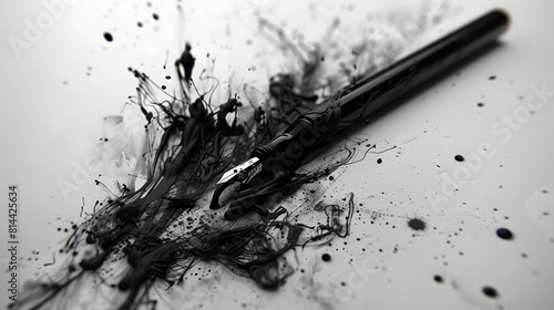 Ink brush with black ink creates textured grunge design on paper