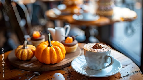 Pumpkin shaped dessert served with coffee on an easter themed table in a cafe © Alexander