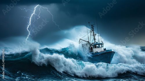 A small southern European style fishing boat caught in rough seas  with high waves and a storm 