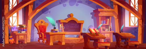Magic wizard school room in medieval house cartoon background. Castle classroom for witch study spell and wizardry in university. Fantasy magician education interior and furniture for fairy tale scene