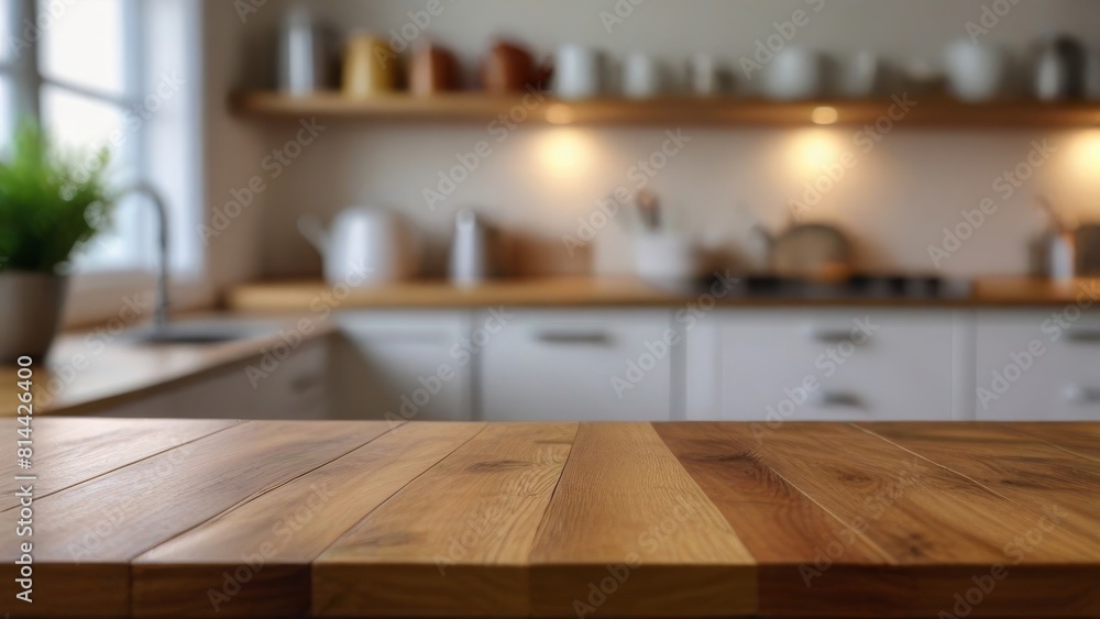 Wood table top on blurred kitchen background. Can be used mock up for montage products display or design layout
Wood table top on blurred kitchen background. Can be used mock up for montage products display or design layout