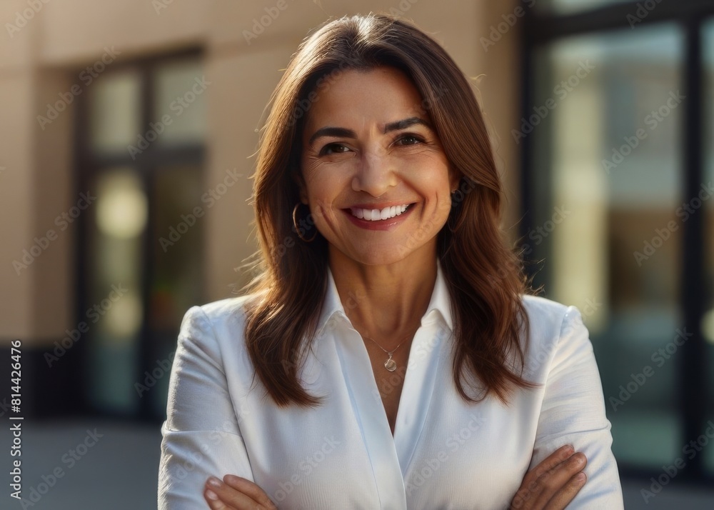 Hispanic senior business woman with crossed arms smiling at camera. European or latin confident mature good looking middle age leader female businesswoman on office background, copy space. Hispanic senior business woman with crossed arms smiling at camera. European or latin confident mature good looking middle age leader female businesswoman on office background, copy space.